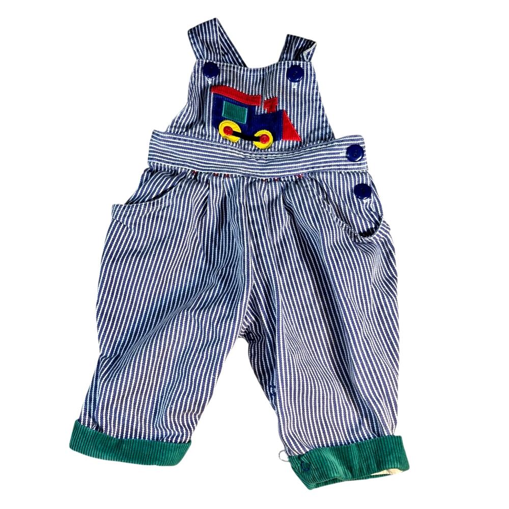 Vintage 90s Toddler Boy's Railroad Stripe Colorful Train Denim Bubble Overalls